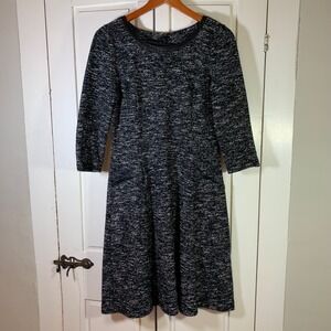 Talbots Black White Tweed A-Line Dress Faux Leather Trim Size 8 Classic FLAWS